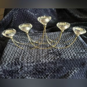 Candle Holder Votive Centerpiece Diamond Cut Glass and Tea Light Stand Gold Tone